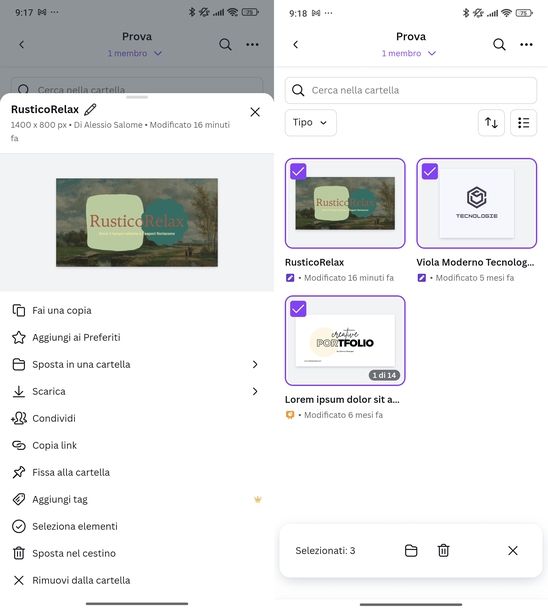 Selezionare più elementi cartella Canva Android