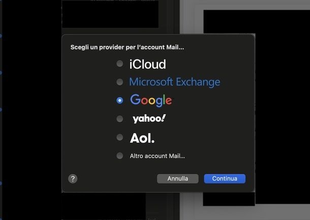 Aggiungere account Gmail Mail macOS