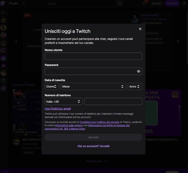 Registrazione a Twitch