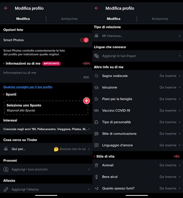 Modifica profilo Tinder