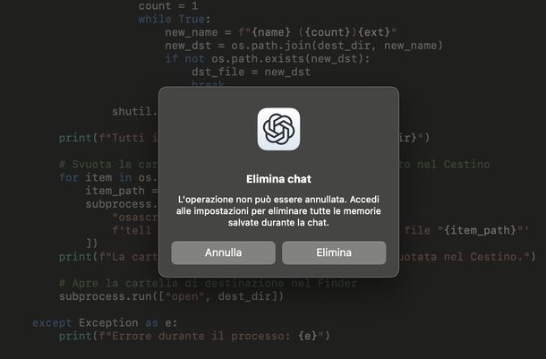 Eliminare conversazione ChatGPT macOS