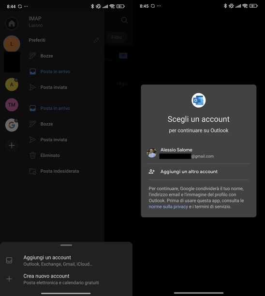 Aggiungere account Gmail Outlook Android