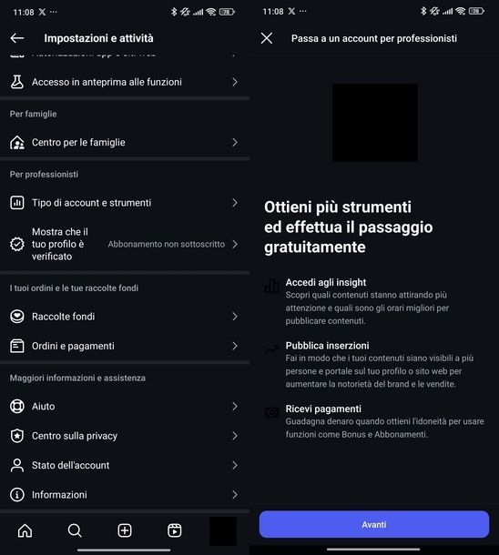 Passare ad account professionisti Instagram Android