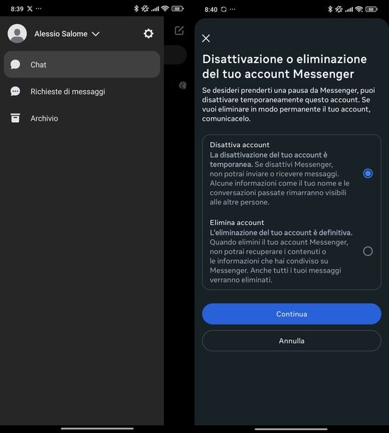 Eliminare account Facebook Android