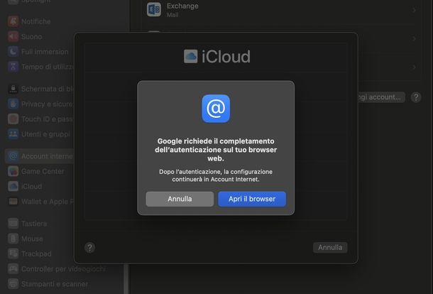 Aggiungere account Gmail impostazioni macOS