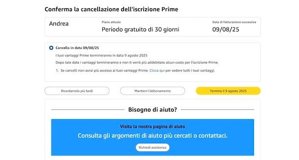 Disdire Amazon Prime gratuito