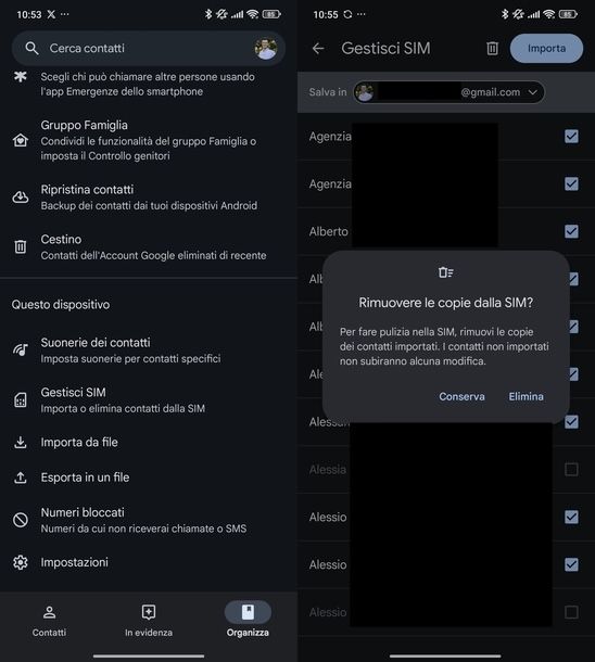 Salvare contatti Google SIM Android