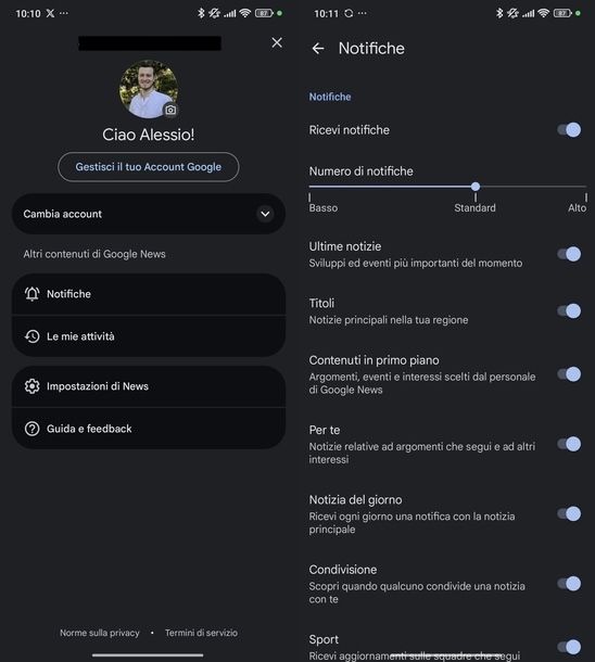 Attivare notizie Google News Android