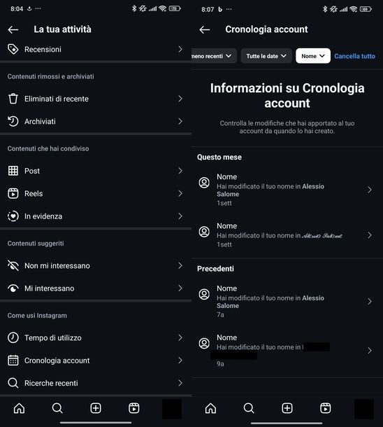 Vedere nomi precedenti Instagram Android