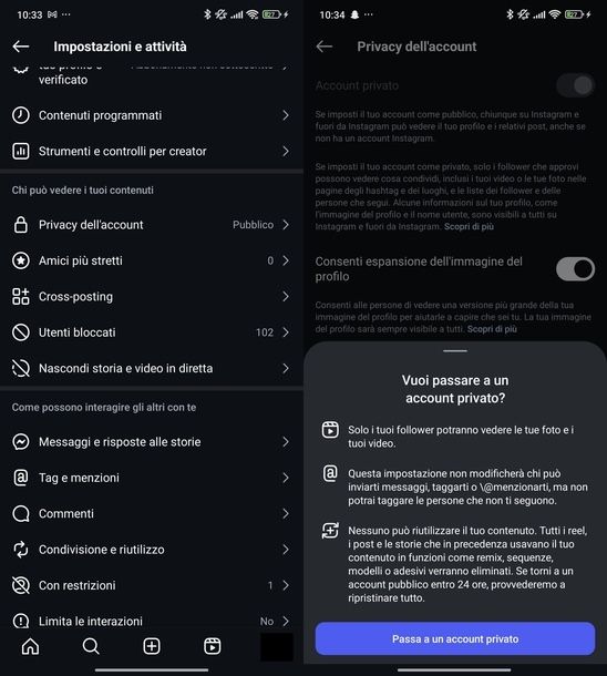 Rendere privato profilo Instagram Android