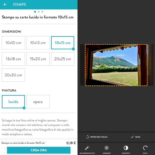selezione formato e finitura e funzioni di editing app Snapfish