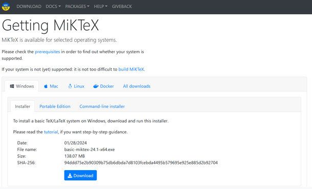 Schermata di download di MiKTeX