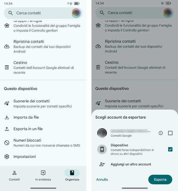 Come salvare rubrica Android file VCF