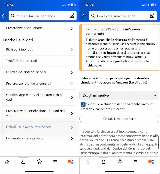 Chiudere account Amazon da app