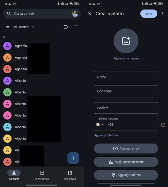 Salvare contatti Google Android