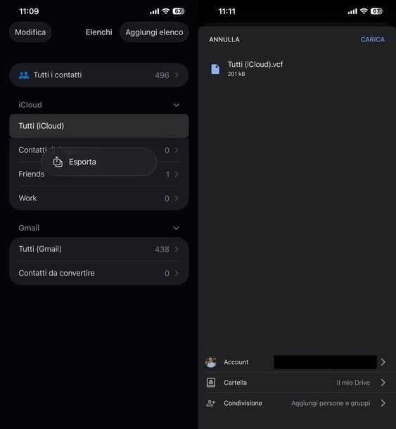 Salvare contatti Google Drive iOS