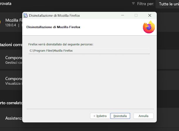 Disinstallazione Firefox Windows