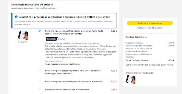 Non pagare spedizione reso Amazon