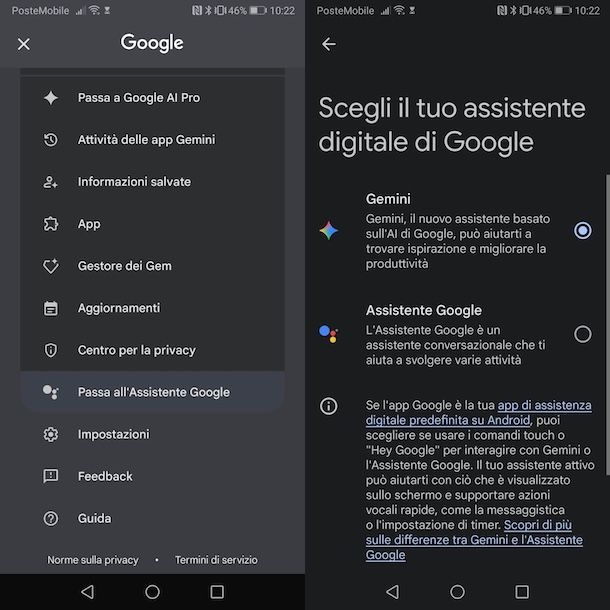 Passare da Gemini a Google Assistant