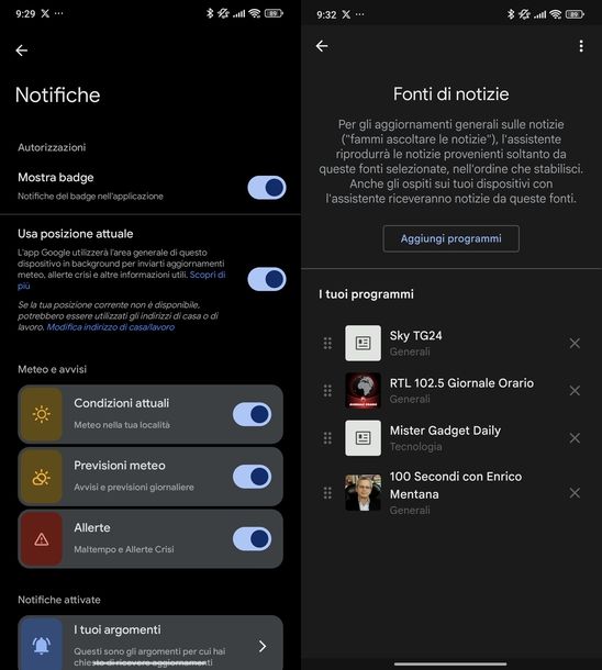 Attivare notizie Google app Android