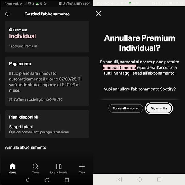 Disattivare Spotify Premium da Android