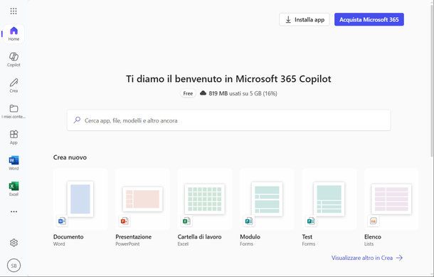 Schermata di benvenuto di Microsoft 365