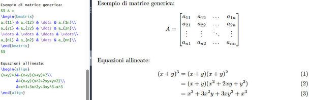 Esempi con matrice ed equazioni allineate in LaTeX