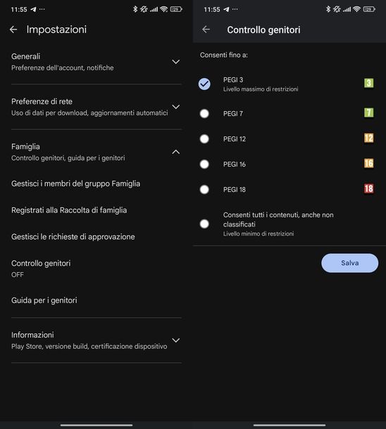 Controllo genitori Google Play Store