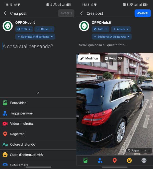 Pubblicazione foto su pagina Facebook
