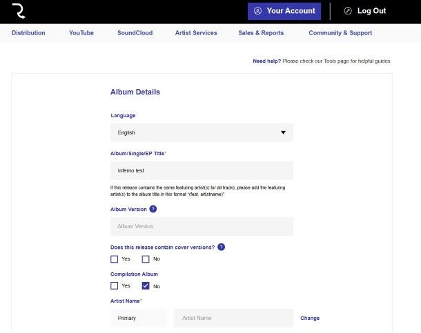 Dettagli album RouteNote