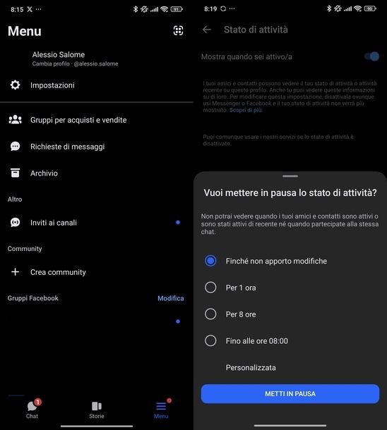 Disattivare Stato di attività Messenger Android