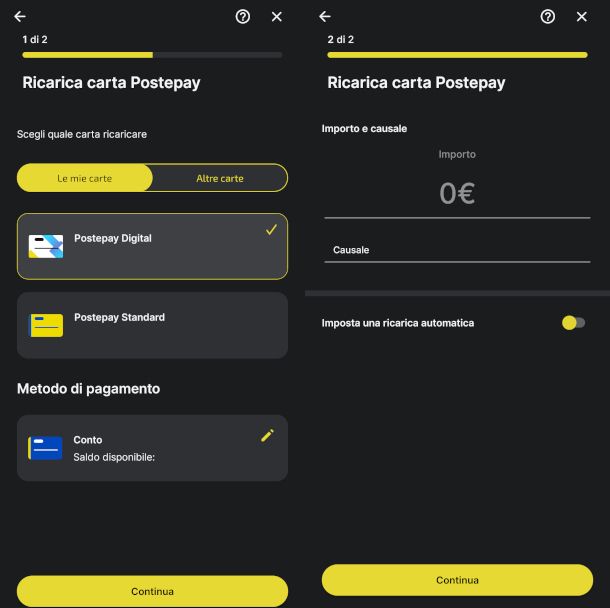 ricarica Postepay Digital da app Poste Italiane
