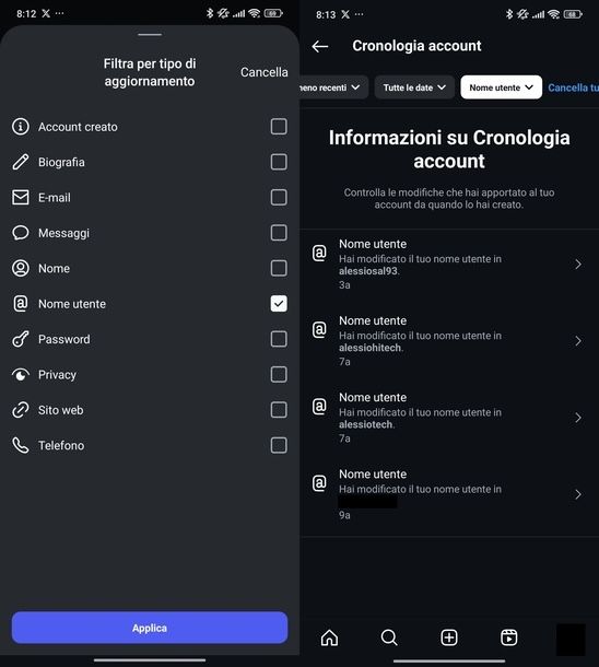 Vedere nomi utente precedenti Instagram Android