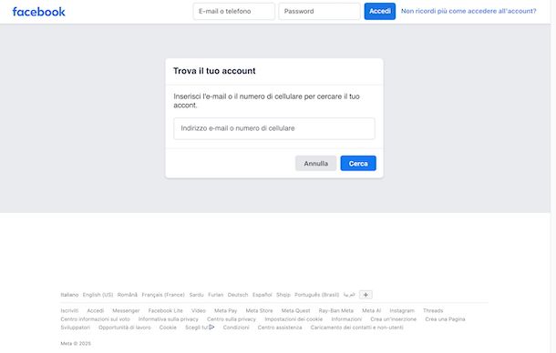 Cambiare email Facebook senza accedere