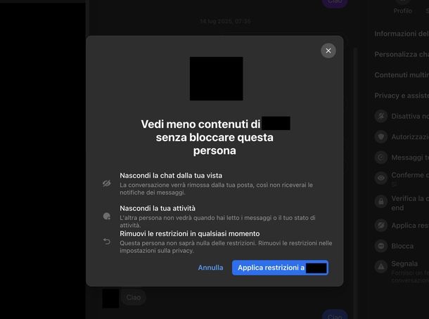 Applicare restrizioni account Messenger Web