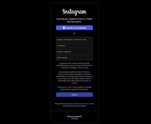 Creare account di gruppo Instagram Web