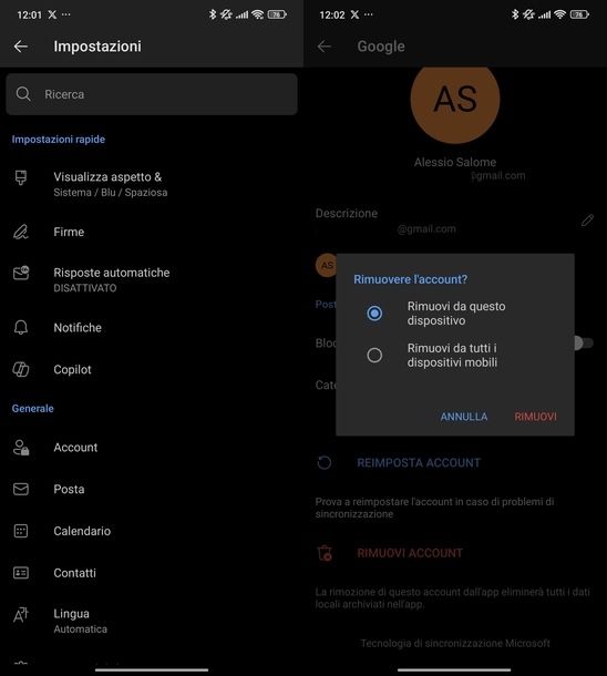 Uscire Gmail Outlook Android
