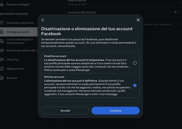 Eliminare account Facebook Web
