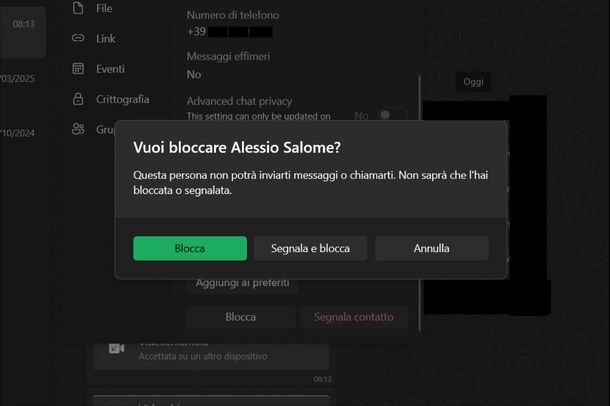 Bloccare contatto WhatsApp Windows
