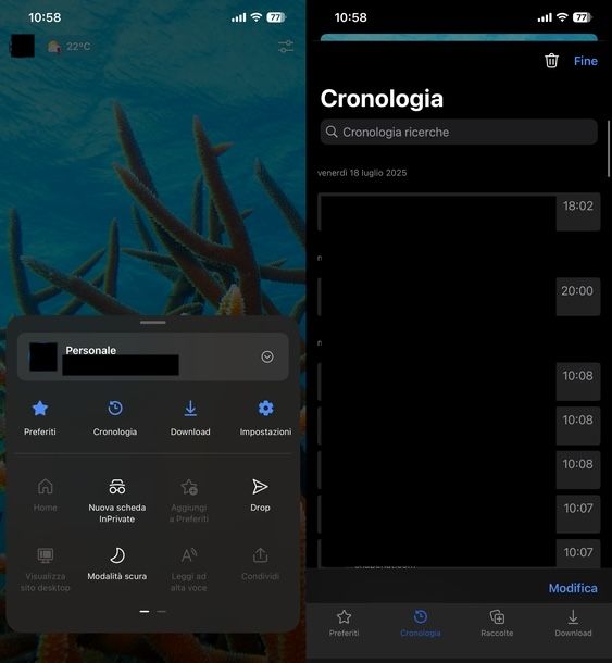 Vedere cronologia navigazione Microsoft Edge iOS
