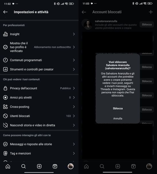 Sbloccare persona Instagram Android