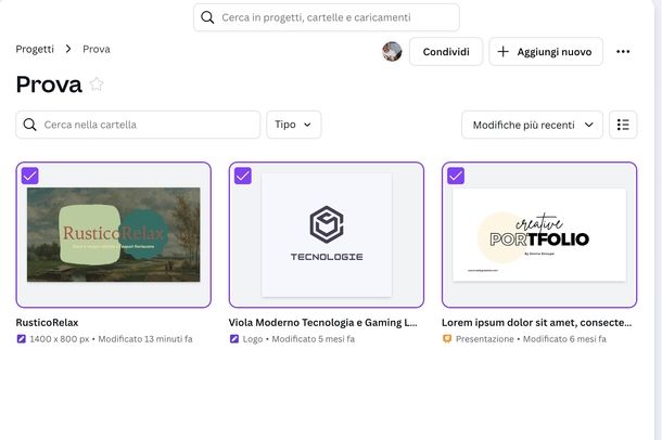 Selezionare più elementi cartella Canva Web