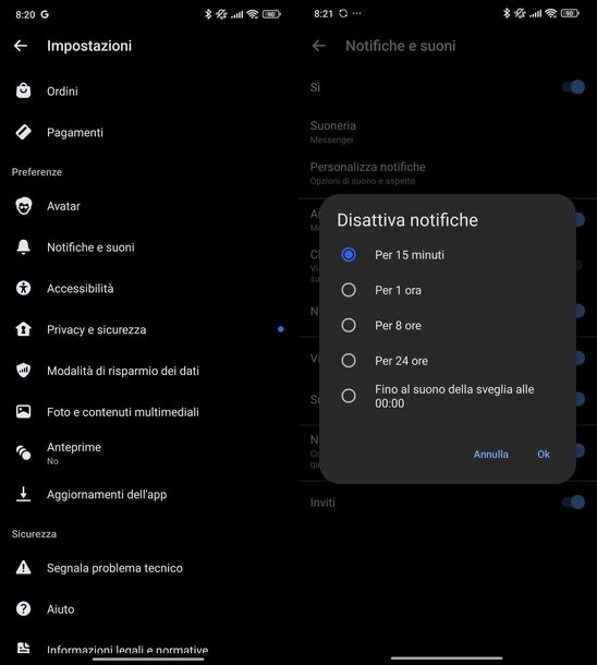 Disattivare notifiche Messenger Android