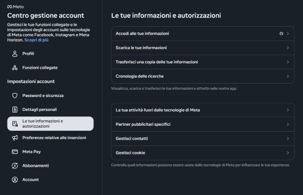Centro gestione account Meta