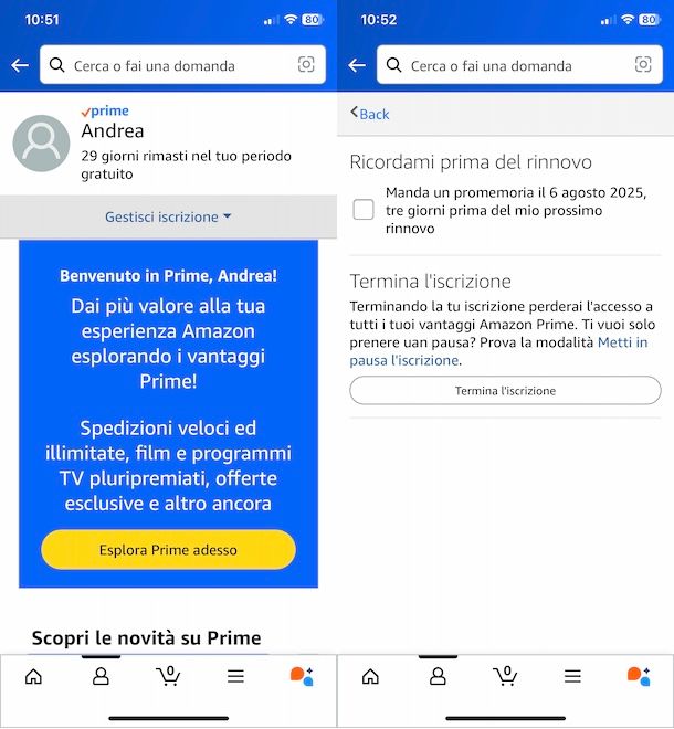 Disdire Amazon Prime da app