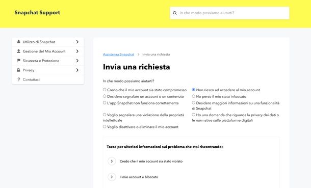 Contattare assistenza Snapchat