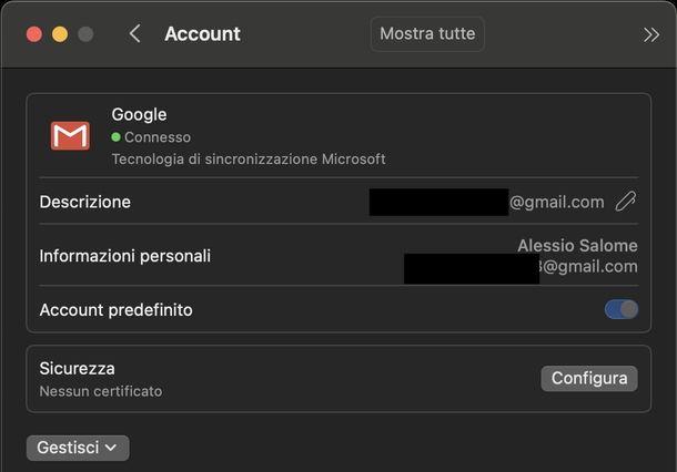 Aggiungere account Gmail Outlook macOS