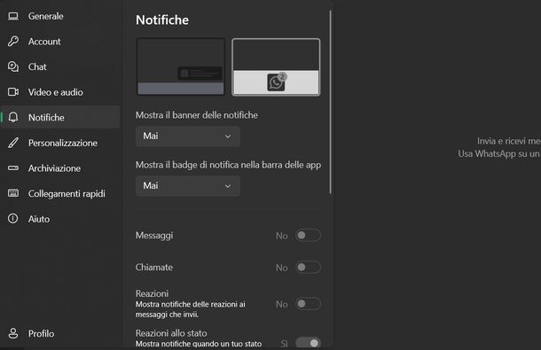 Disattivare notifiche WhatsApp Windows