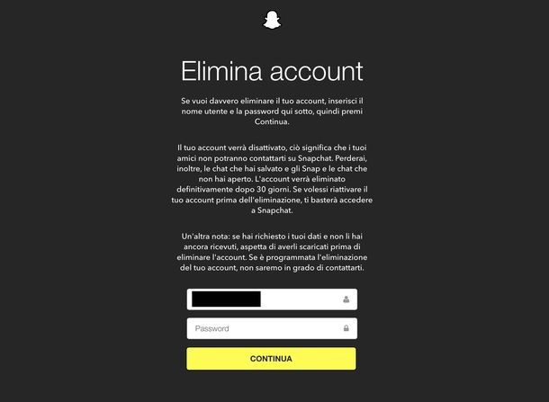 Eliminare account Snapchat Web