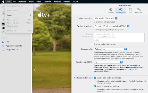 impostazioni lingua App TV su Mac
